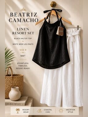 Beatriz Camacho NWT Linen Resort Set Black Halter Top & White Wide Leg Pants 8